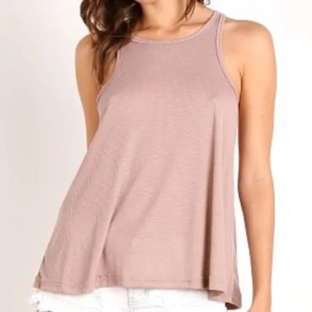 Free People Mauve Ribbed High Neck Racerback Tank Top XS Dusty Rose